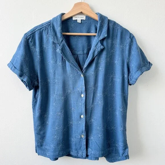 Cloth & Stone Embroidered Chambray Button Front Camp Shirt Rayon Linen Size M - Picture 2 of 9